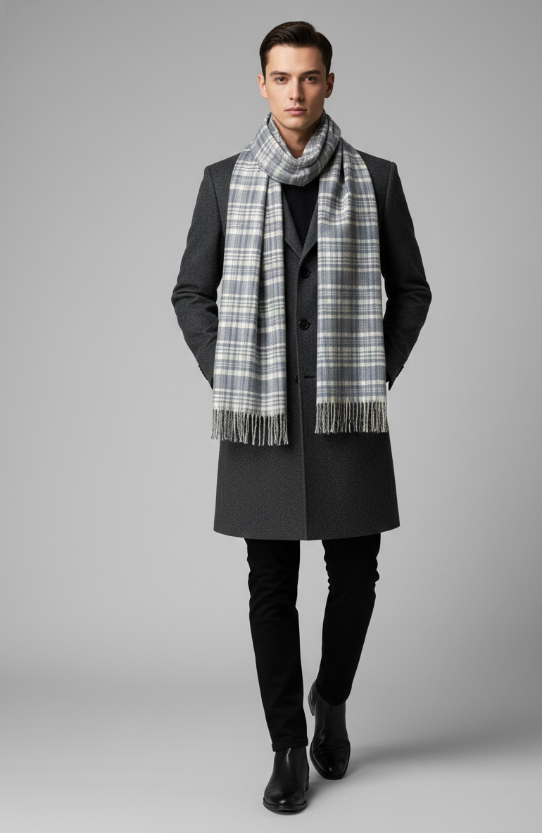 “The Amritsar Store classic grey and ivory check wool scarf, soft warm wool scarf