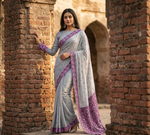 The Amritsar Store Phulkari Saree – Hand Embroidered with Multicolor Threads on Elegant Grey Chinnon Chiffon Fabric