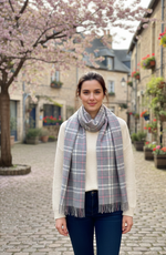 “The Amritsar Store winter plaid wool scarf in grey with soft pink accents, warm lightweight wool scarf