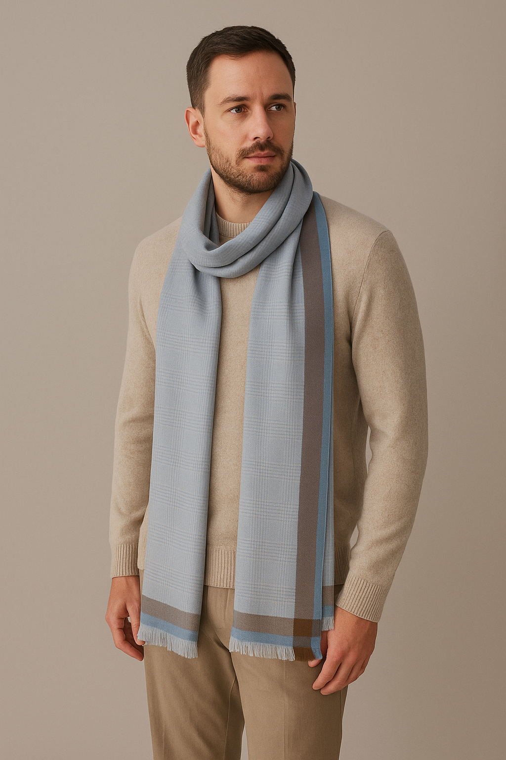 "Classic Grey Plaid Scarf with Dual-Tone Border, Soft Unisex Muffler by The Amritsar Store – Stylish Winter Wear Accessory
