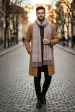 The Amritsar Store elegant reversible wool scarf featuring grey plaid design with soft pink woven accents