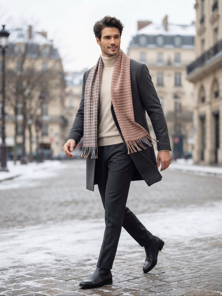 Reversible Wool Scarf – Grey Plaid & Soft Pink Winter Scarf for Unisex | The Amritsar Store - The Amritsar Store