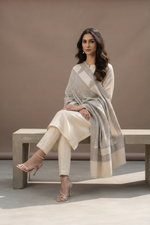 Women's grey wool shawl featuring elegant Sozni embroidery with a self-weave design, handcrafted by The Amritsar Store.