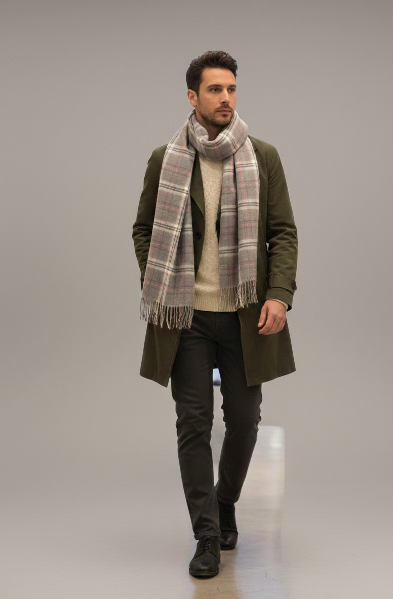 “The Amritsar Store winter plaid wool scarf in grey with soft pink accents, warm lightweight wool scarf