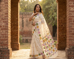 Hand embroidered off white Phulkari Bagh saree featuring traditional Punjabi geometric motifs and artisan craftsmanship.