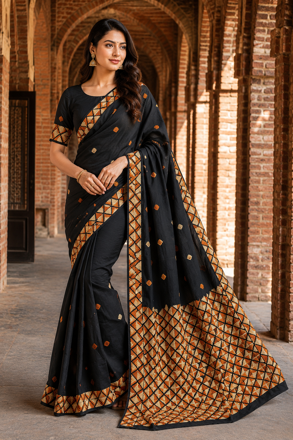 Hand embroidered black silk Phulkari saree with traditional Punjabi embroidery and geometric border design for women