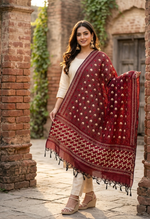Hand embroidered maroon Phulkari dupatta for women in traditional Punjabi style, elegant ethnic wrap with detailed floral threadwork by