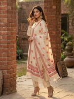 Off White Kota Doria Phulkari Dupatta for Women with Hand Embroidered Traditional Punjabi Floral Design