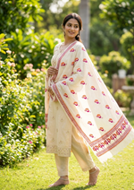 Off White Kota Doria Phulkari Dupatta for Women with Hand Embroidered Traditional Punjabi Floral Design
