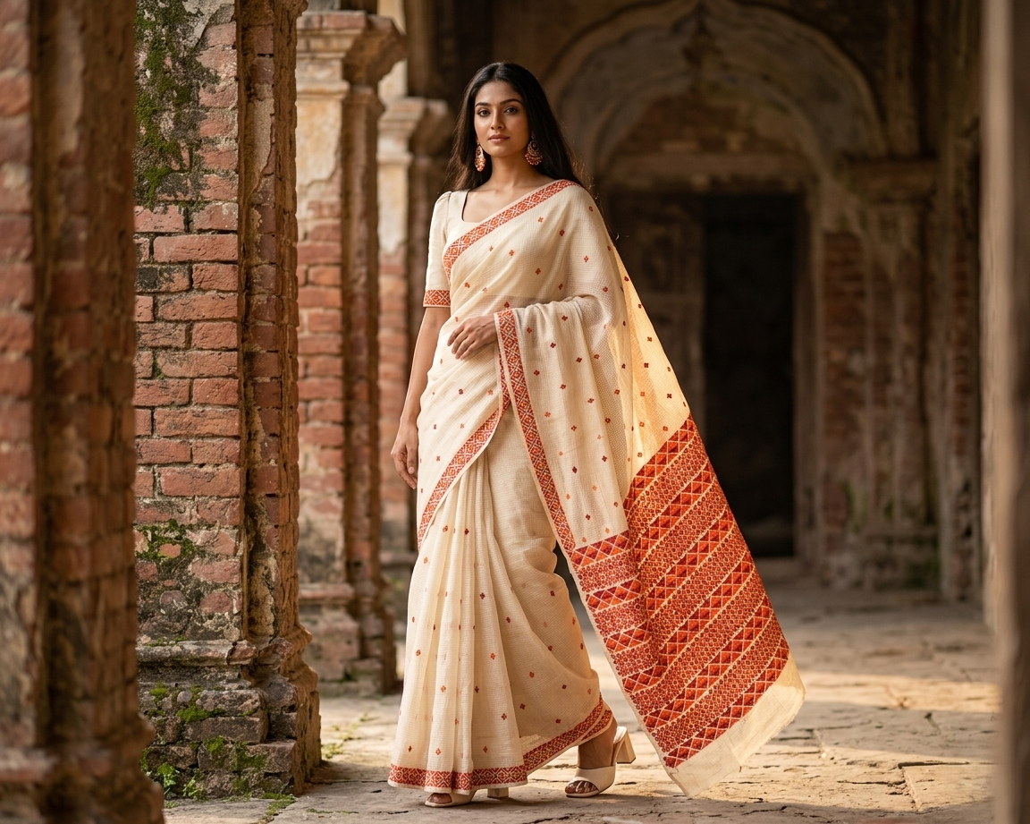 Hand embroidered off-white Phulkari saree for women with traditional Punjabi embroidery
