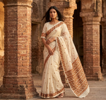 Hand embroidered off-white Phulkari saree for women featuring traditional Punjabi craftsmanship