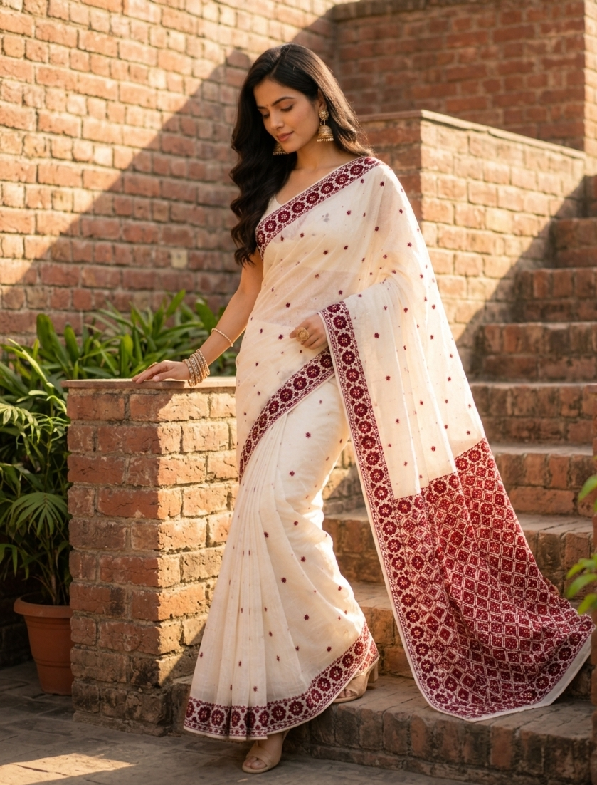 Hand embroidered off white Phulkari saree with maroon traditional Punjabi embroidery and elegant border design for women