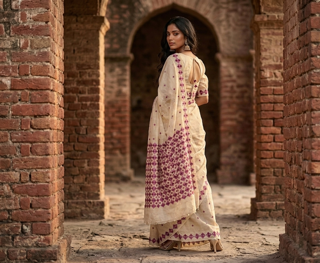 Hand embroidered off-white Punjabi Phulkari saree for women featuring traditional geometric embroidery and heritage craftsmanship.