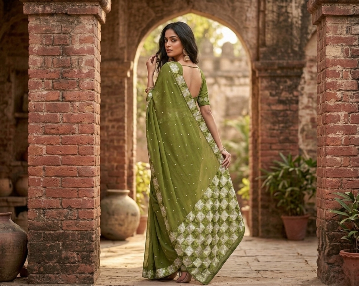 The Amritsar Store Phulkari Saree – Hand Embroidered Traditional Design in Olive Green Colo
