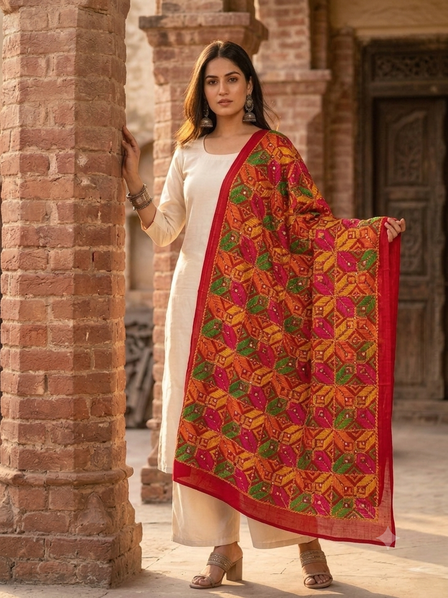 Hand embroidered Phulkari Bagh mirror work dupatta for women by The Amritsar Store featuring traditional Punjabi embroidery and mirror detailing