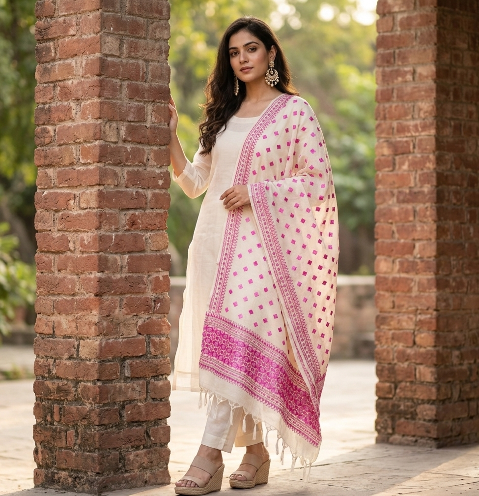 Hand embroidered Phulkari dupatta in off white with pink threadwork and traditional Punjabi design
