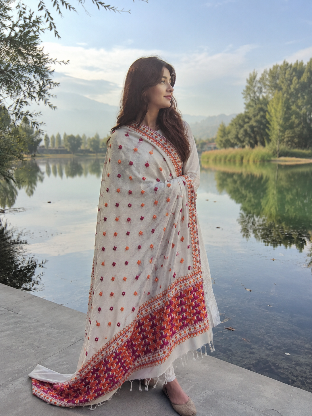 Orange and pink hand embroidered Phulkari dupatta for women with traditional Punjabi floral embroidery, lightweight ethnic festive wear by