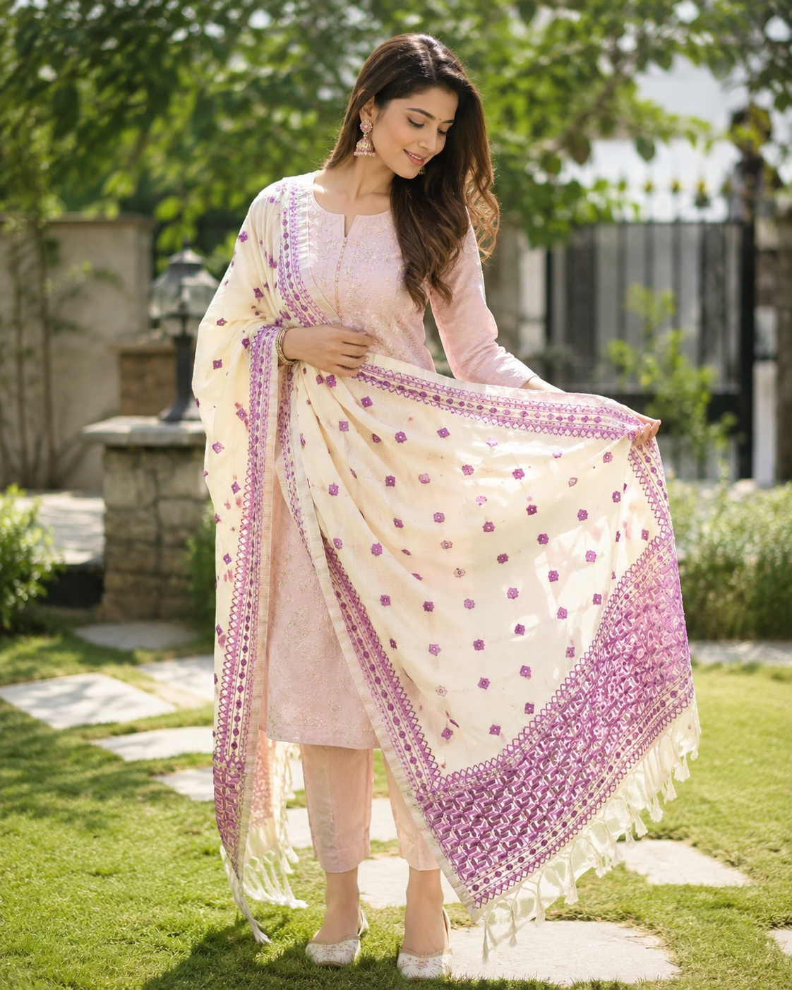 Phulkari Dupatta in off white and purple with hand embroidery for women by