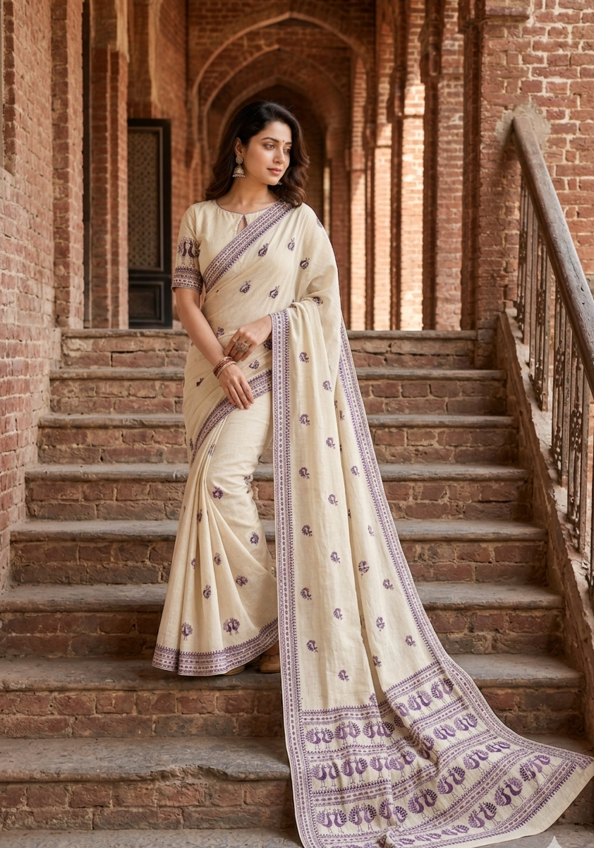 Hand embroidered off white Phulkari saree with colorful peacock motif and traditional Punjabi embroidery by The Amritsar Store