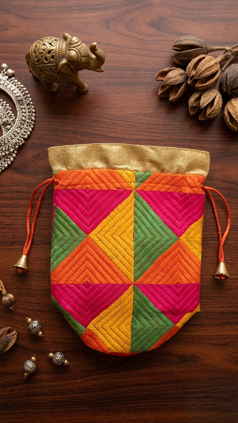 Multicolor Phulkari embroidered potli bag for women