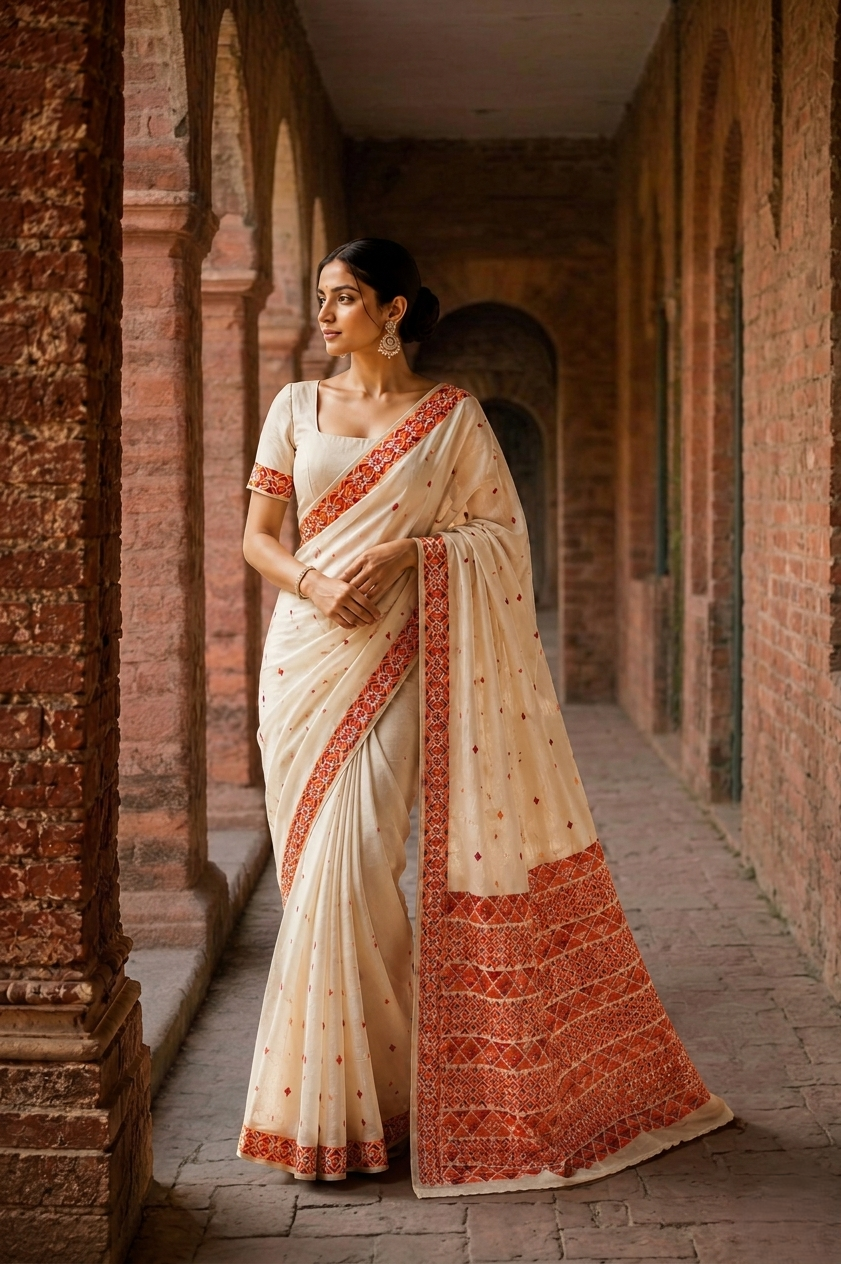 Hand embroidered off white Phulkari saree for women featuring traditional orange and maroon Punjabi embroidery motifs.