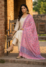 Hand embroidered pink Phulkari dupatta with blue and magenta Punjabi threadwork and traditional ethnic design by The Amritsar Store