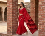 The Amritsar Store Phulkari Saree – Hand Embroidered Red Chinnon Chiffon, Traditional Punjabi Ethnic Attire