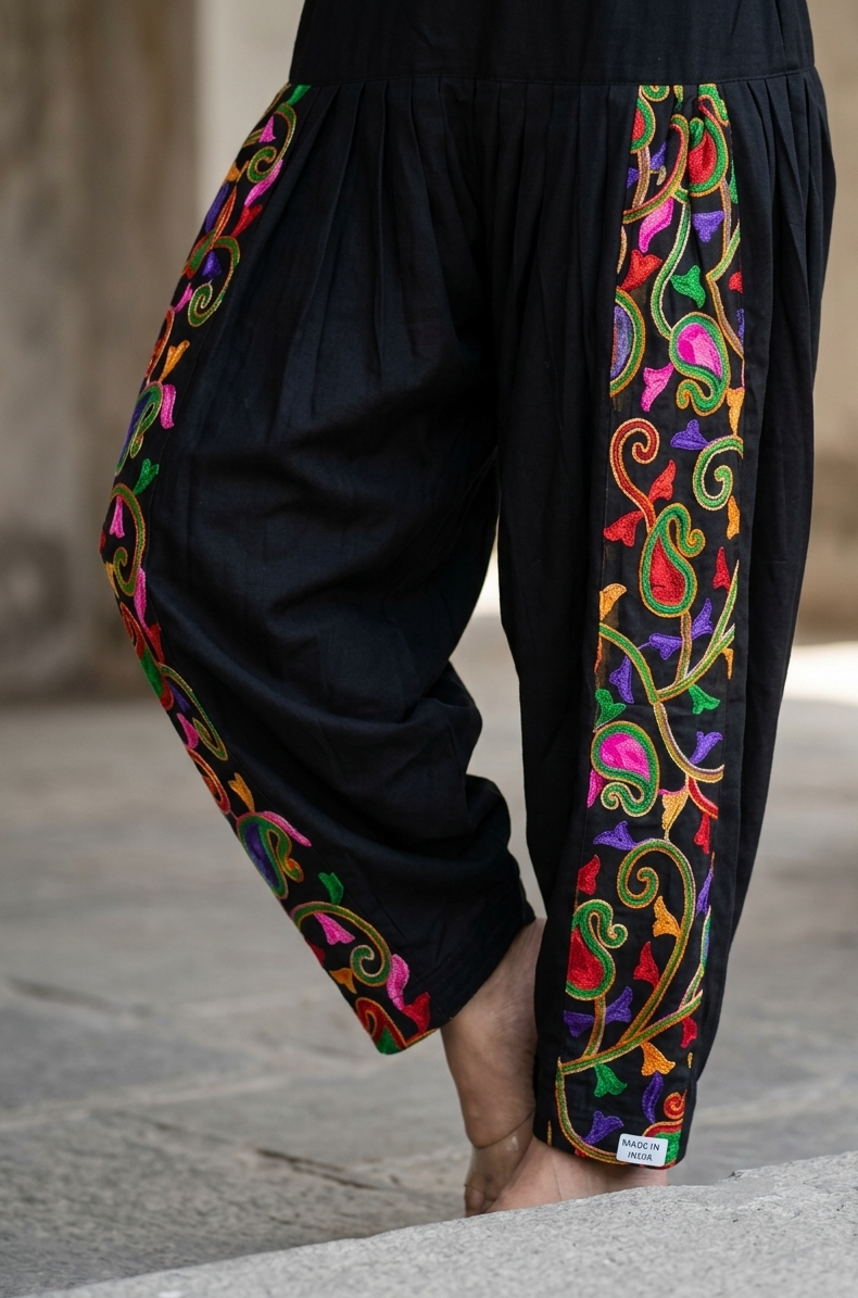 Black kora cotton salwar with multicolor Phulkari embroidery by The Amritsar Store