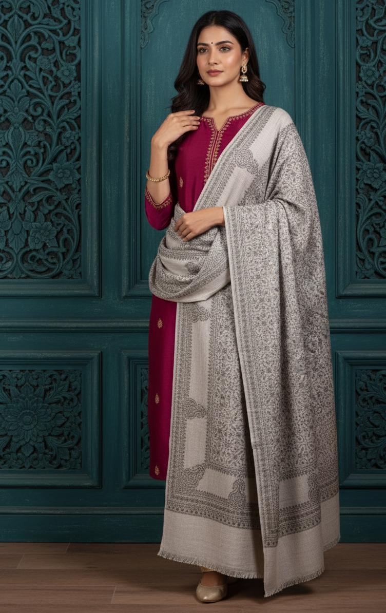 The Amritsar Store Elegant Grey Sozni Embroidered Self Weave Wool Shawl – Handcrafted Kashmiri Design for Women