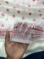 Hand embroidered white & pink Phulkari dupatta for women in soft traditional Punjabi ethnic style.