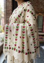 Hand embroidered off white Kota Doria phulkari dupatta for women featuring delicate floral embroidery, lightweight ethnic wrap for traditional and festive wear.