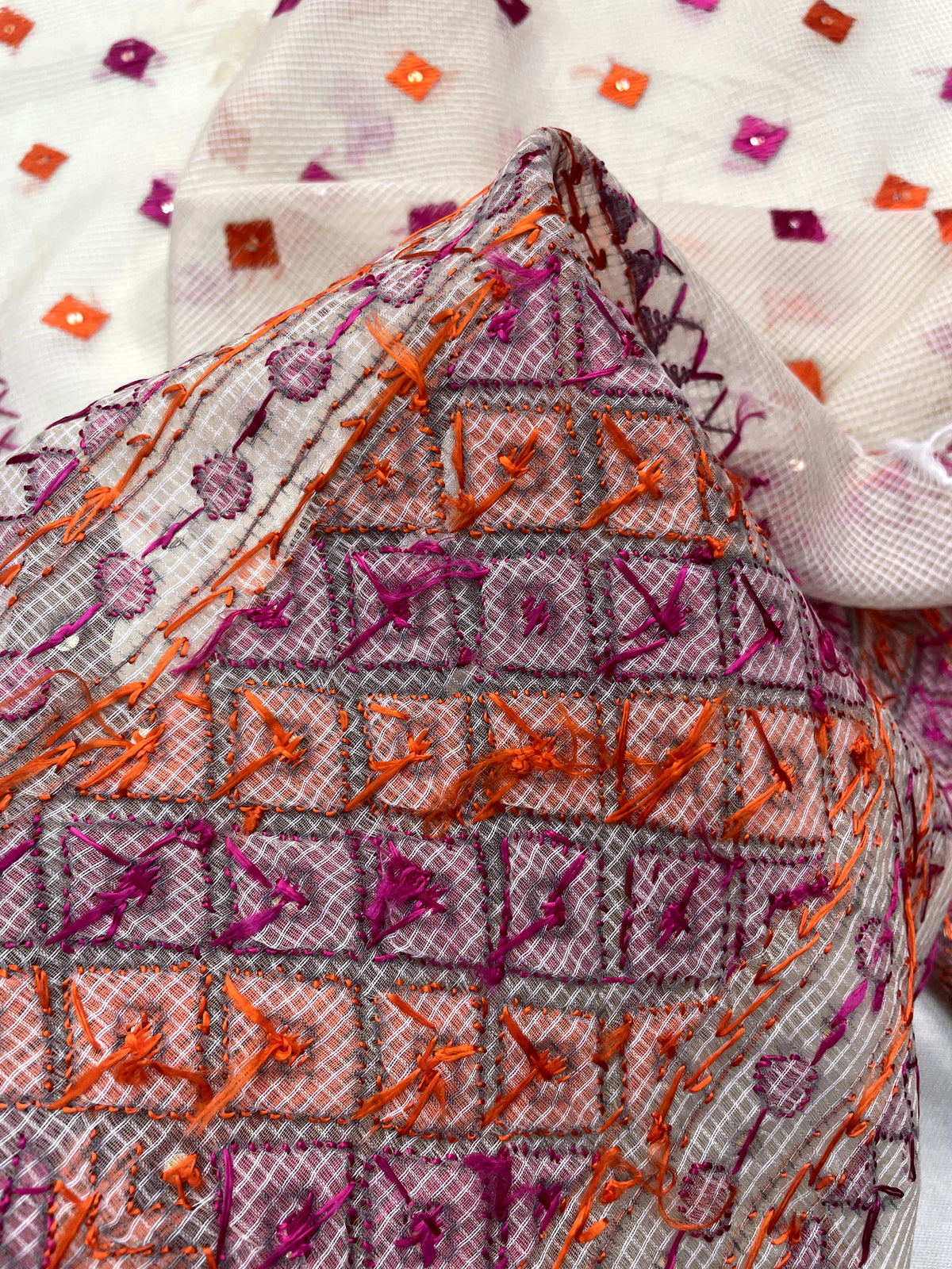 Hand embroidered Phulkari Dupatta with orange and pink thread work for women by