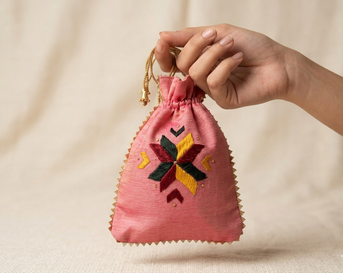 Traditional Punjabi pink potli bag with golden lace and detailed embroidery