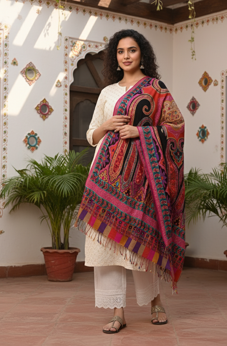 Paisley Printed Hand Tie Dye Shawl With Multicolored Kashmiri Aari Outlining of the Motifs - The Amritsar Store