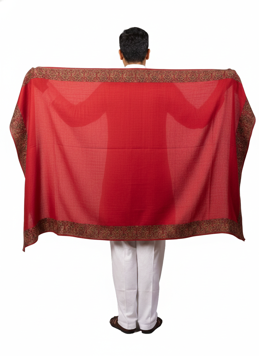 Hand embroidered Kashmiri four-side border meditation shawl soft wool pashmina oversized wrap for men and women