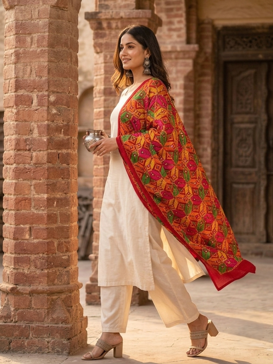 Hand embroidered Phulkari Bagh mirror work dupatta for women by The Amritsar Store featuring traditional Punjabi embroidery and mirror detailing