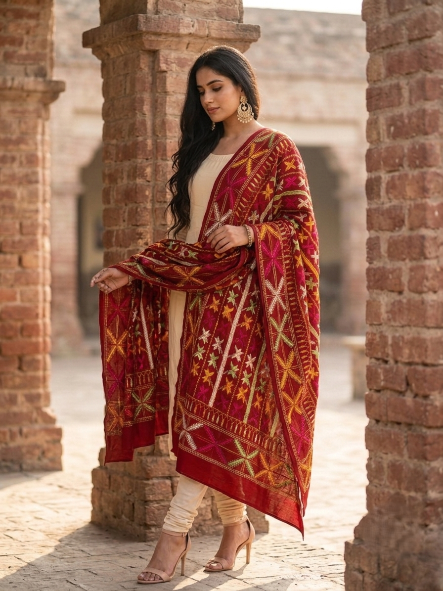 Multicolor Punjabi embroidered Phulkari Bagh dupatta for women by The Amritsar Store with traditional handcrafted ethnic embroidery