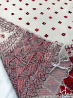 Hand embroidered off white Phulkari dupatta with red floral Punjabi embroidery by The Amritsar Store