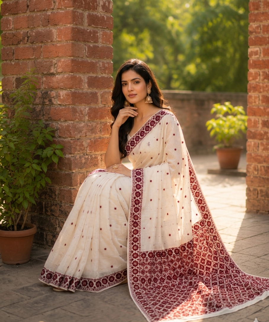 Hand embroidered off white Phulkari saree with maroon traditional Punjabi embroidery and elegant border design for women