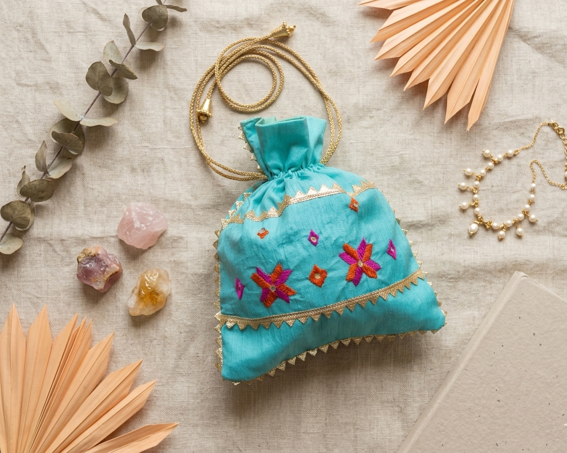 Phulkari hand embroidered potli bag with traditional floral design and golden lace detailing