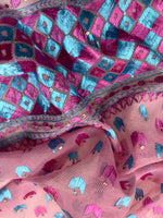 Hand embroidered pink Phulkari dupatta with blue and magenta Punjabi threadwork and traditional ethnic design by The Amritsar Store