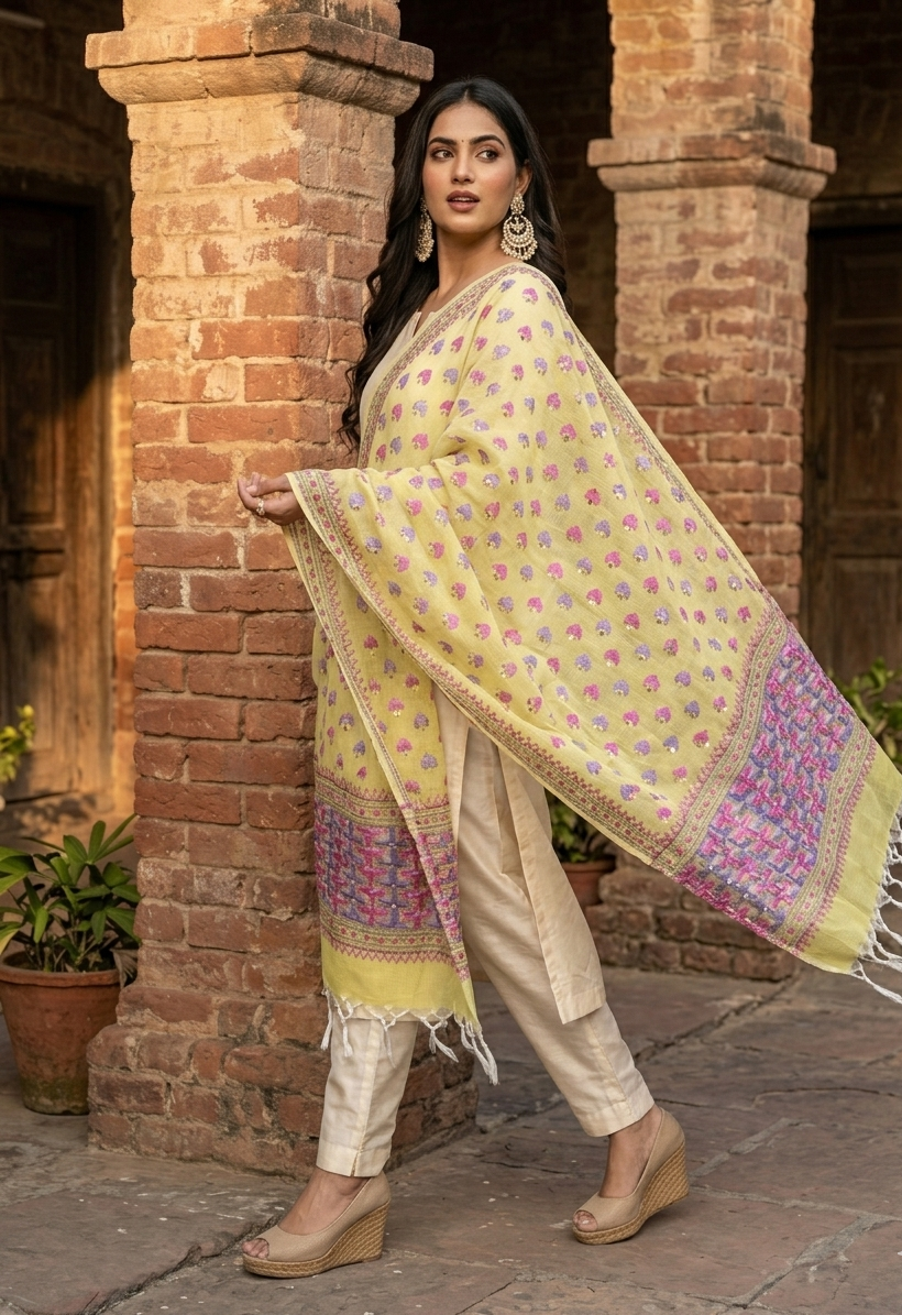 Hand embroidered lemon yellow Phulkari dupatta for women with traditional Punjabi threadwork by The Amritsar Store