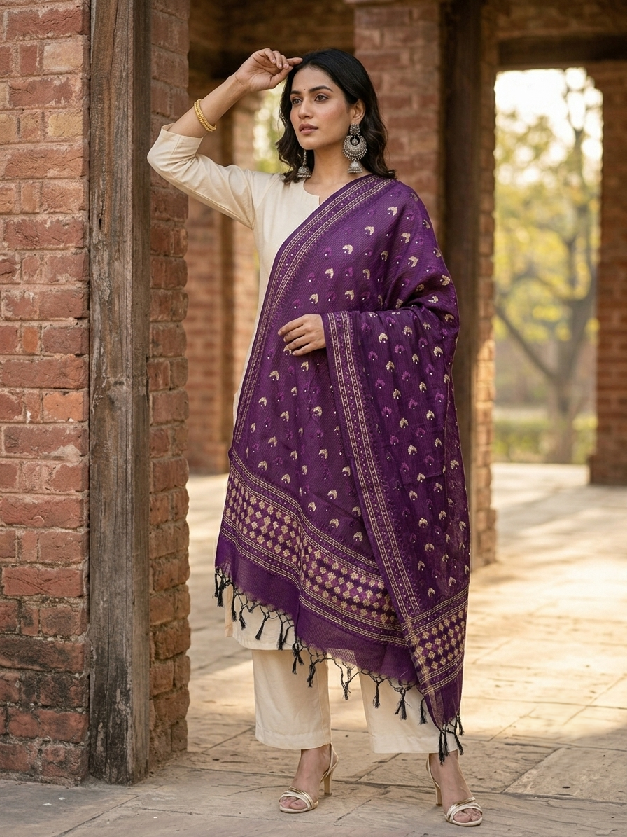 Hand embroidered purple Phulkari dupatta featuring traditional Punjabi embroidery and vibrant threadwork
