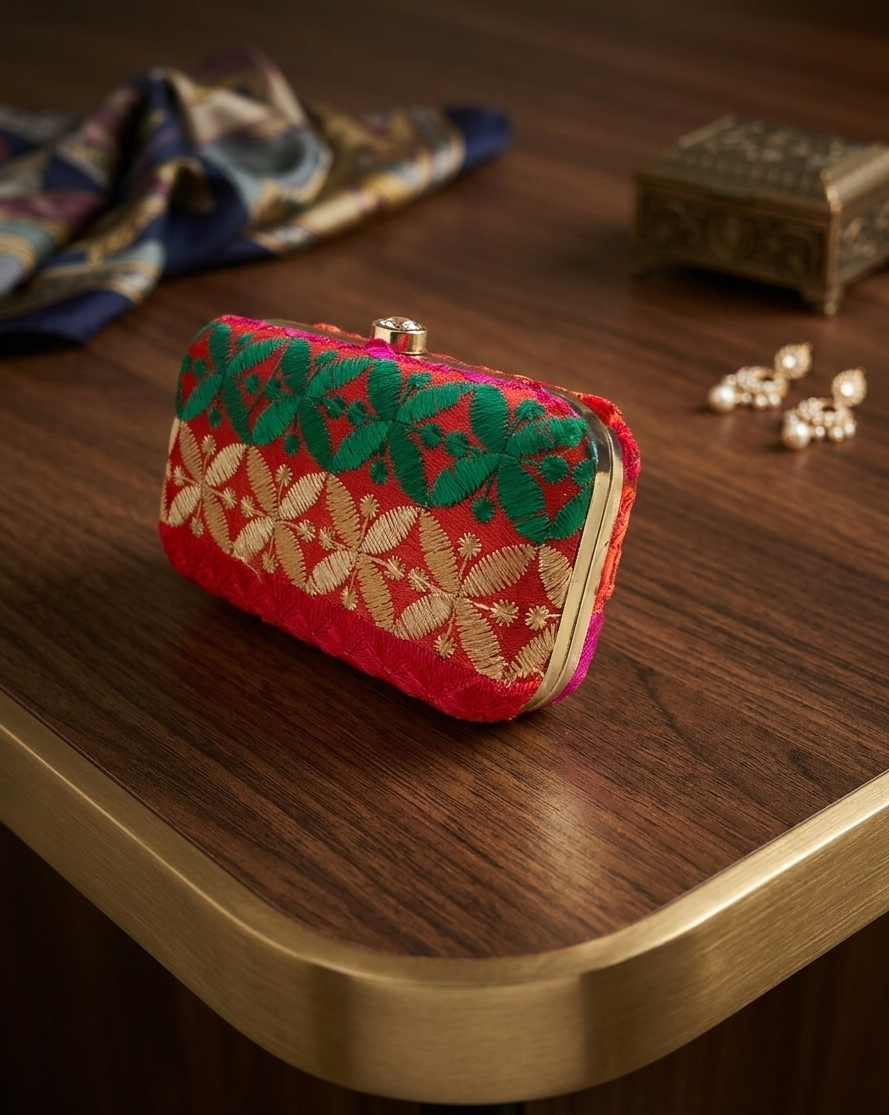 The Amritsar Store Handmade Red Clutch Bag with Green Floral Embroidery – Traditional Ethnic Handcrafted Evening Purse
