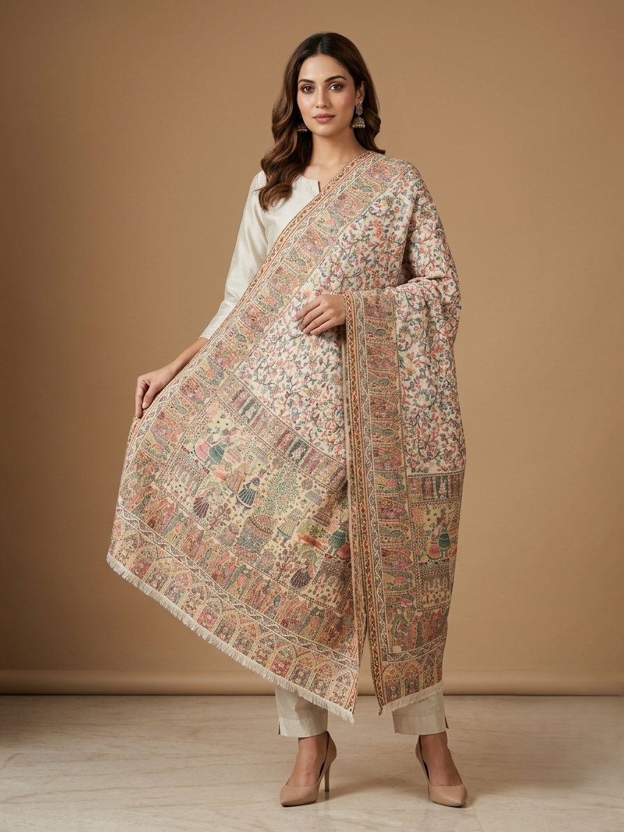 Women's Mughal Darbar heritage floral jaal woven designer shawl featuring intricate traditional motifs inspired by royal Mughal artistry.