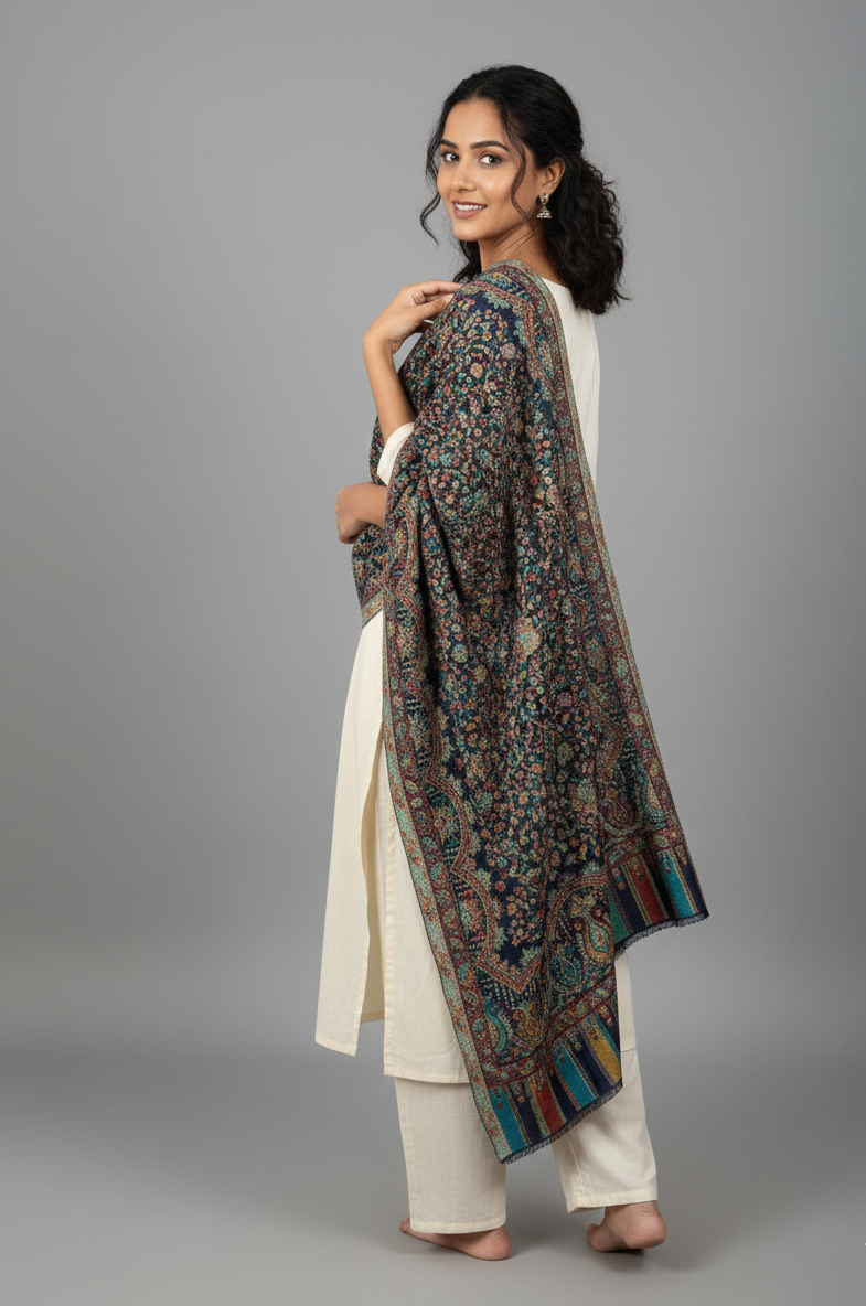 Heritage navy blue jaal stole with intricate paisley motifs and multitone woven borders by The Amritsar Store