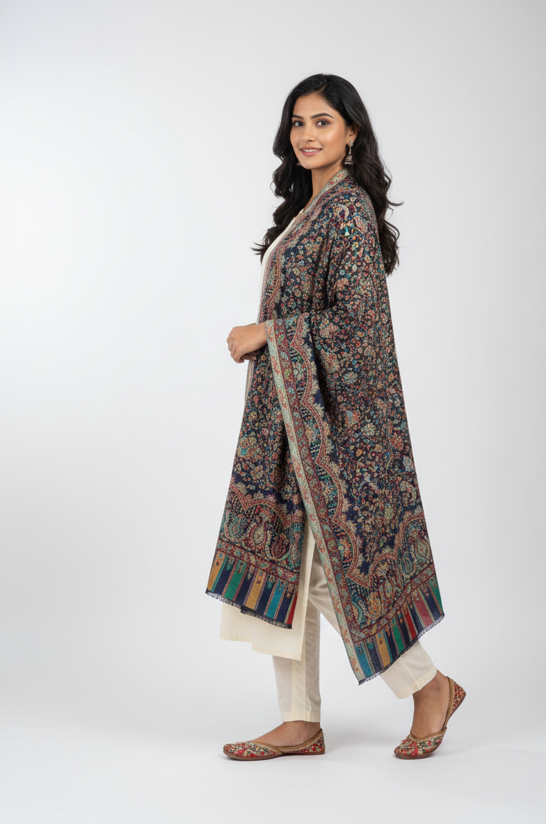 Heritage navy blue jaal stole with intricate paisley motifs and multitone woven borders by The Amritsar Store