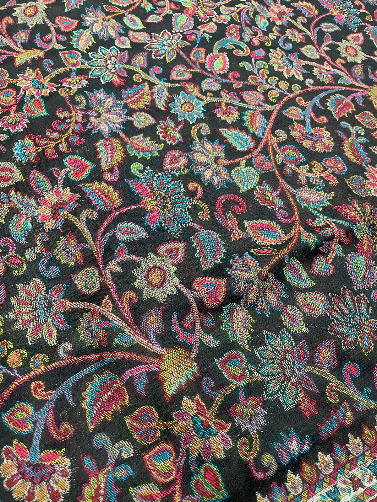 Majestic Peacock Garden Jaal shawl with intricate multicolor woven peacock and floral motifs, Kashmiri-inspired design