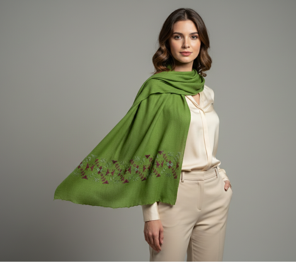The Amritsar Store Phulkari hand embroidered green shawl with magenta border showcasing traditional Punjabi craftsmanship