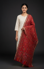 Heritage red Kashmiri jaal weave stole with intricate paisley motifs and multitone decorative borders by The Amritsar Store